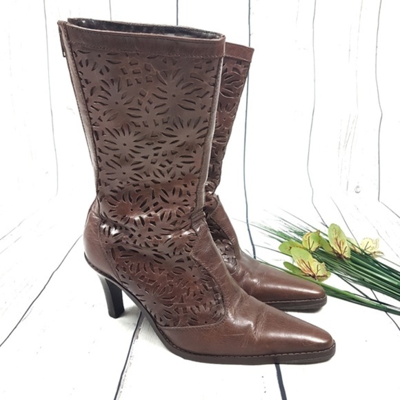 Zara Shoes - Zara Brown Floral Laser Cut-Out Leather Boots